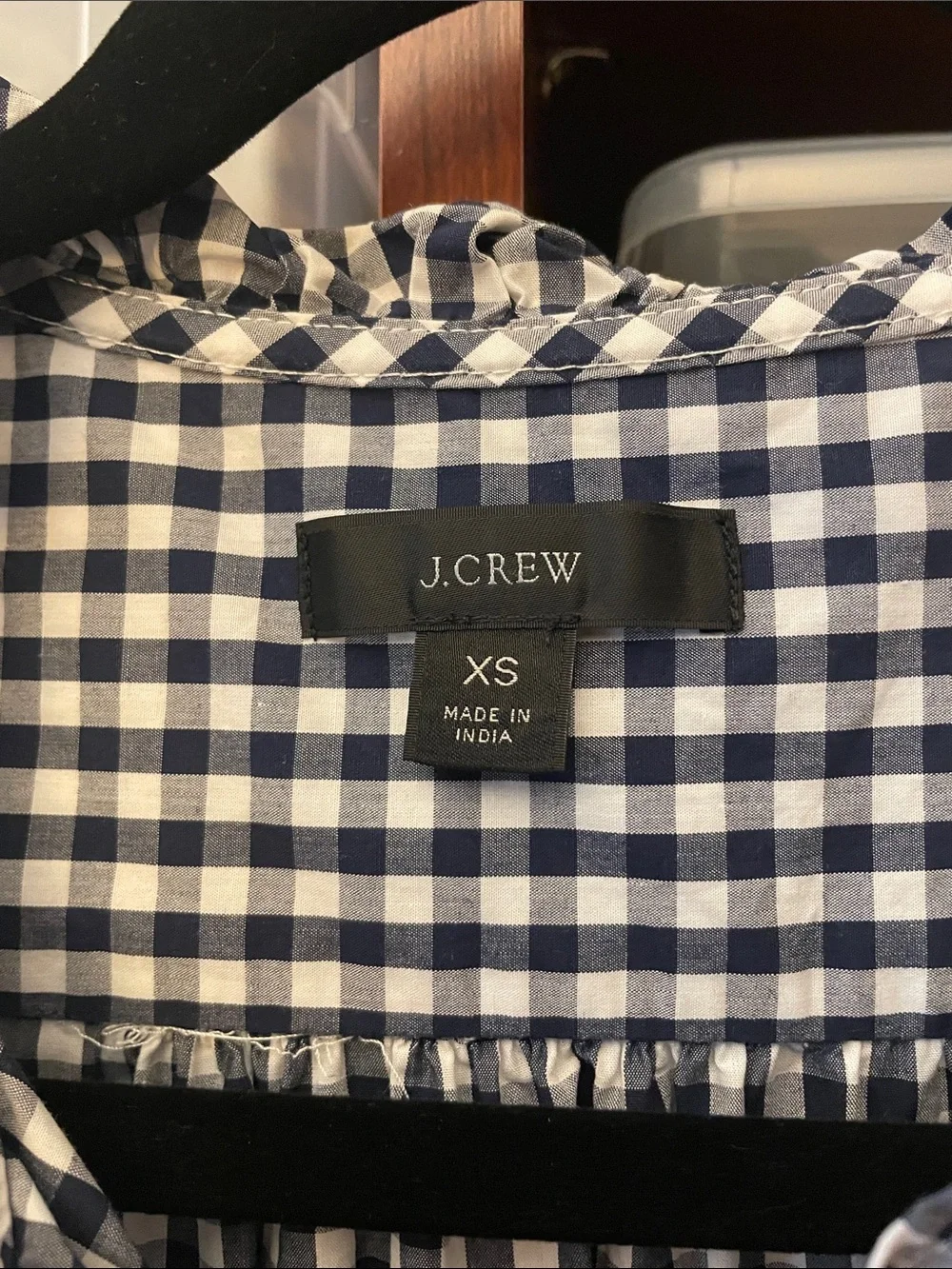 J. Crew Navy and White Gingham Ruffle-Neck Blouse